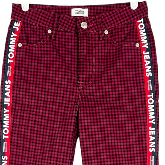 Tommy Jeans Women Red/Black Plaid Stretch Skinny Jeans Sz 2/26 Brand Stripe NWOT - Picture 3 of 12